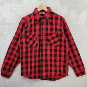 Vintage 70s Kings Road Sears Plaid Flannel Mens Medium Red Black Cotton EUC